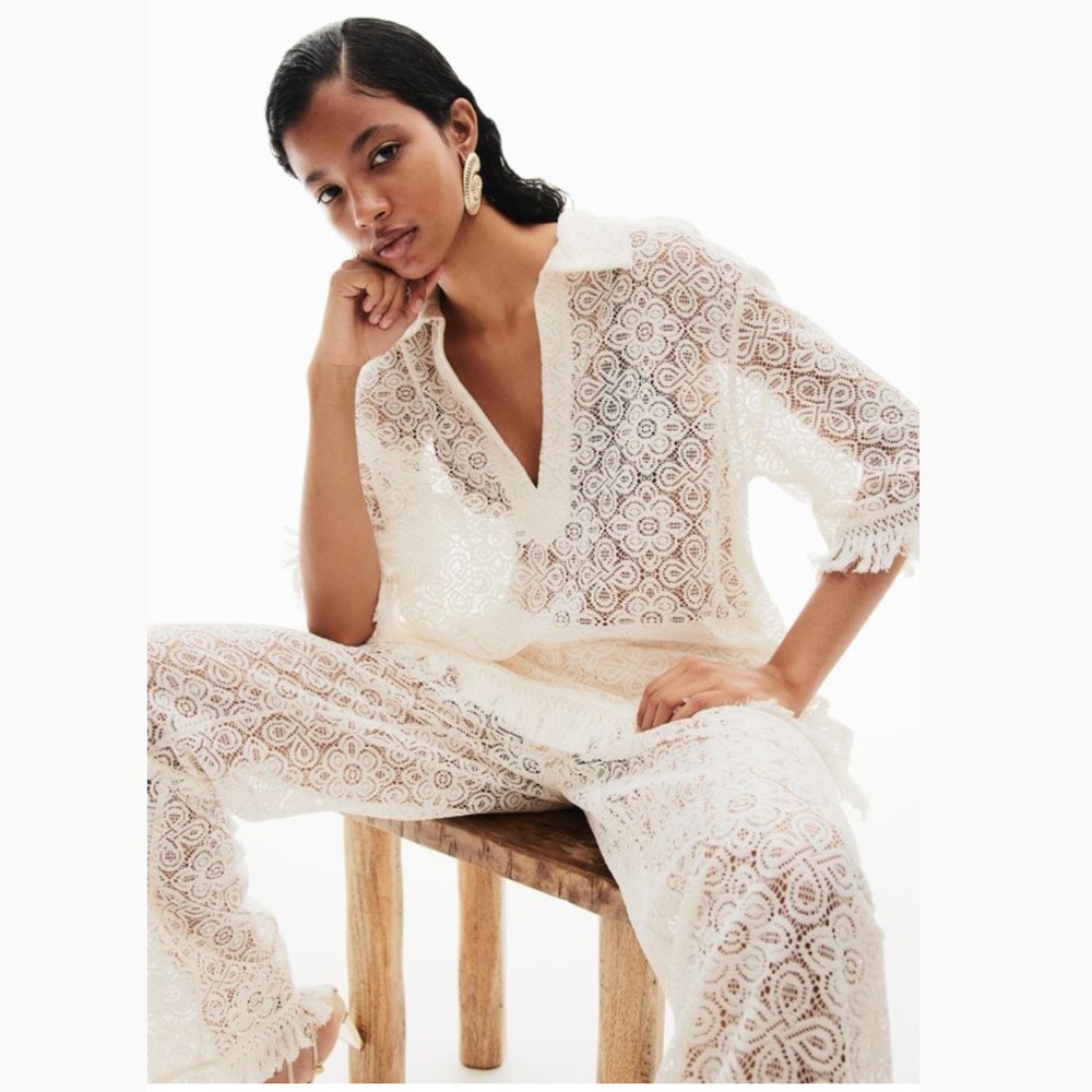 Fringe Trimmed Lace Top and Pants, Women’s Size Medium, Natural White